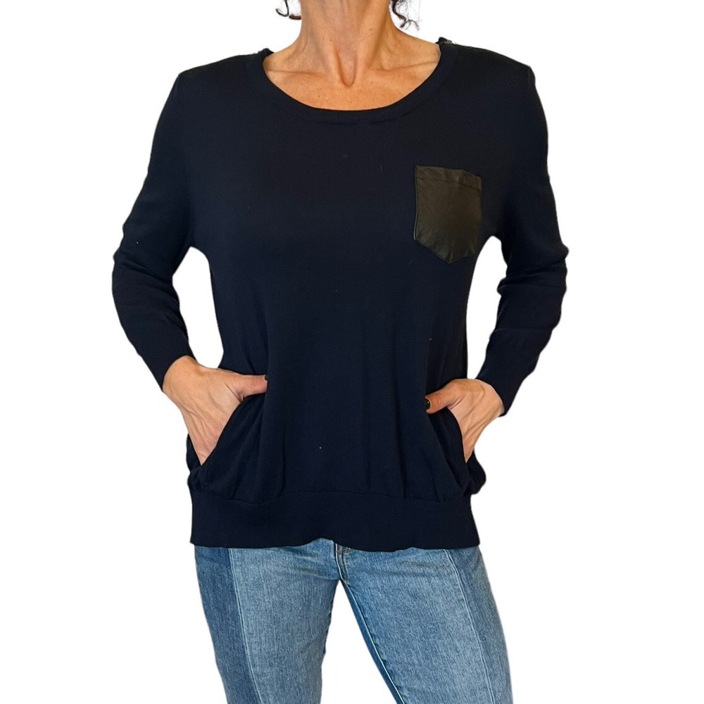THE KOOPLES NAVY MERINO WOOL PULLOVER LAMB LEATHER POCKET ZIP SHOULDER SWEATER L